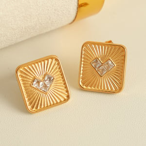 1 Pair Simple Series Retro Heart Stainless Steel  Gold Color Zircon Women's Stud Earrings h5 